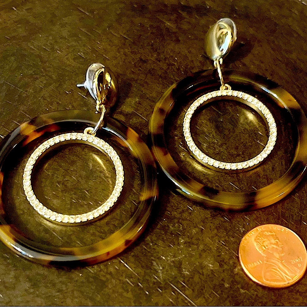 RL Copy - Elegant Tortoiseshell and Silver Diamond Pave Hoop Earrings